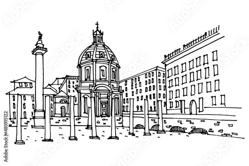 Santa Maria di Loreto and ruins of roman forum in Rome, Italy.