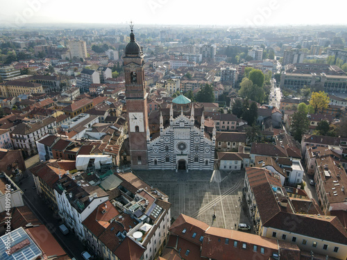 Aerial view of facade of the ancient Duomo in Monza (Monza Cathedral). Drone photography of the main square with church in Monza in north Italy, Brianza, Lombardia.