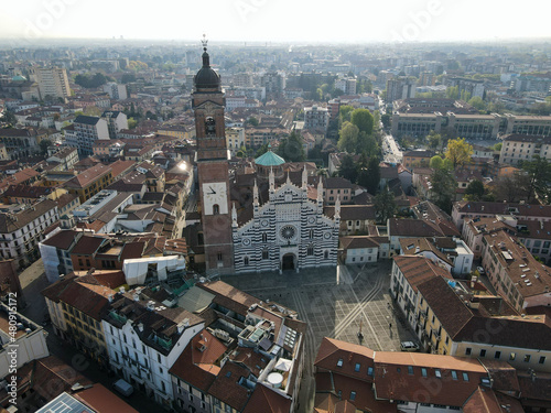 Aerial view of facade of the ancient Duomo in Monza (Monza Cathedral). Drone photography of the main square with church in Monza in north Italy, Brianza, Lombardia. photo