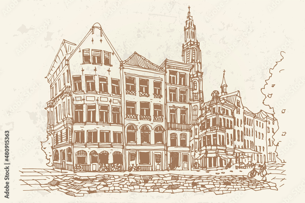 vector sketch of street scene in Antwerpen, Belgium.