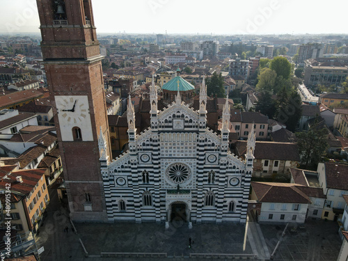 Aerial view of facade of the ancient Duomo in Monza (Monza Cathedral). Drone photography of the main square with church in Monza in north Italy, Brianza, Lombardia. photo