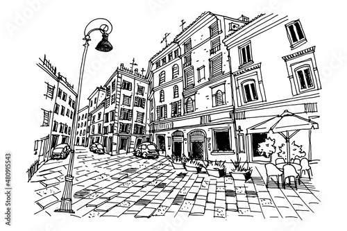 Vector sketch of street scene in Rome, Italy.