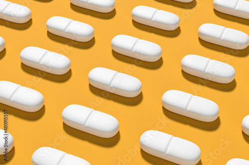 White realistic tablets with texture and shadows on a yellow background of sunlight. Background pattern. 3D rendering.