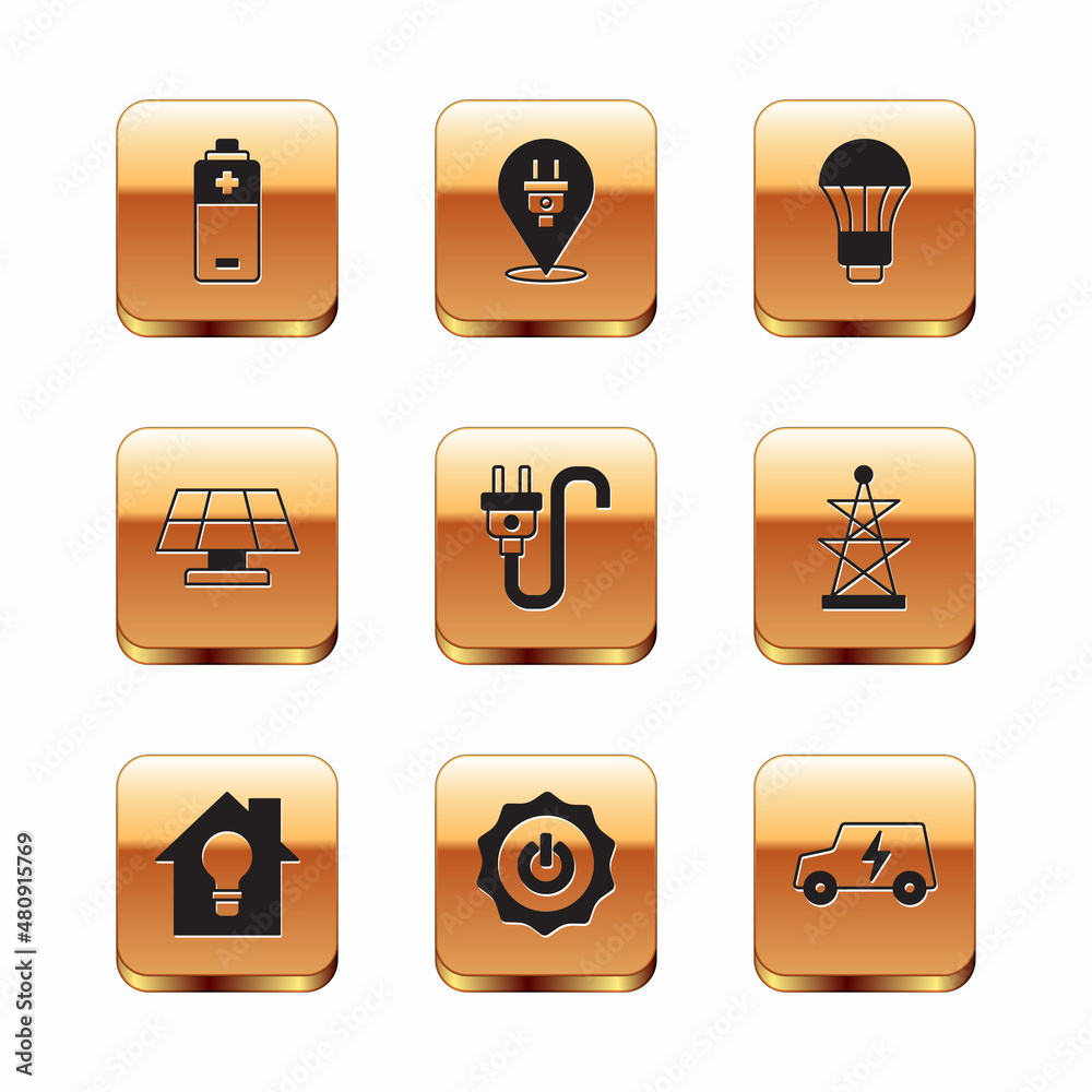 Set Battery, Smart house and light bulb, Power button, Electric plug, Solar energy panel, LED, car and icon. Vector Set Battery, Smart house and light bulb, Power button, Electric plug, Solar energy panel, LED, car and icon. Vector