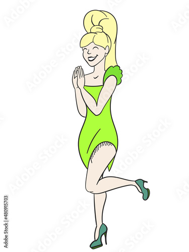 Girl in an evening dress, emotion of delight. Isolated character.