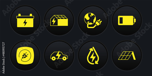 Set Electric plug, Battery, car, Water energy, Global power planet, Solar panel, and Car battery icon. Vector