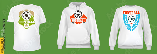 Football or soccer print. Set realistic t-shirt, sweatshirt, hoodie base cloth isolated on simple background. Mockup for branding man or woman fashion. Design casual template. 3d vector illustration.