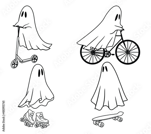 Set of silhouettes funny ghosts. Collection of mystical spirits with city transport bicycle,scooter, roller skate. Happy Halloween. Stylized souls. Vector illustration of magical creatures. 