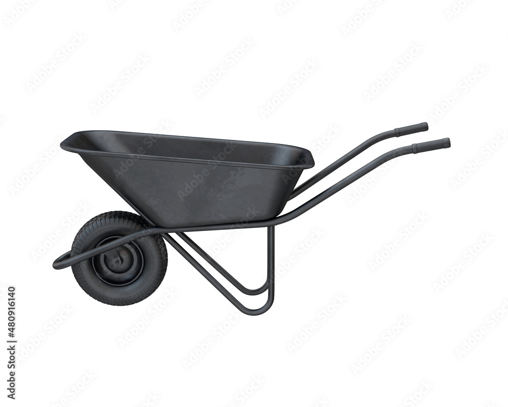 Black metal wheelbarrow side view, 3d render Black metal wheelbarrow side view, 3d render