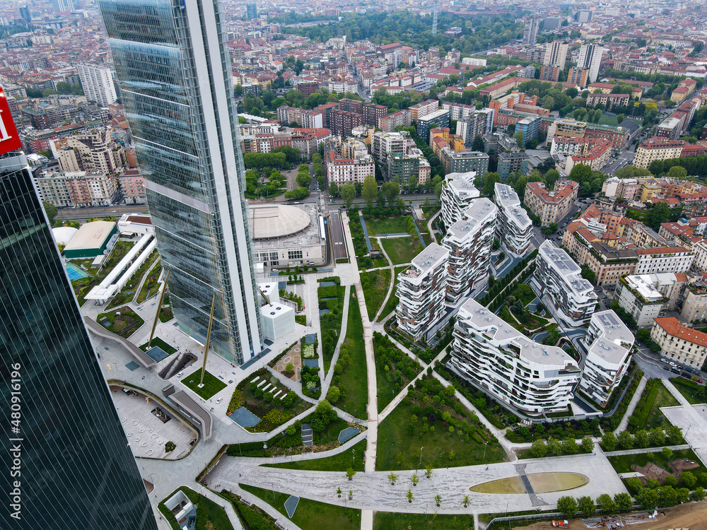 Naklejka premium Aerial view of City Life Milano, Three Towers, bird view of 