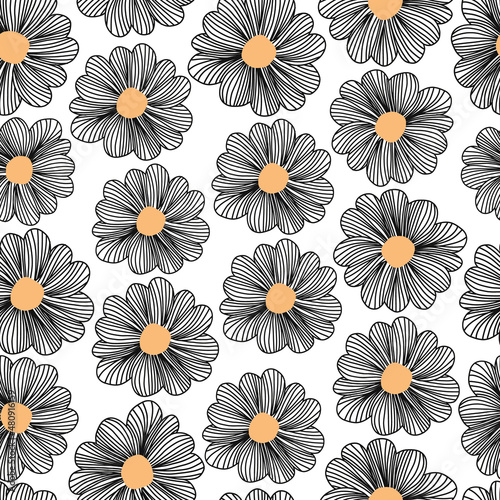 Line Art doodle flower seamless vector pattern. Repeating floral background black white orange. Use for fabric  textile  wrapping  wallpaper  coloring page  summer decor.