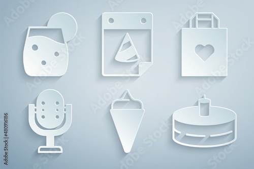 Set Ice cream in waffle cone, Shopping bag with heart, Microphone, Cake burning candles, Calendar party and Cocktail icon. Vector