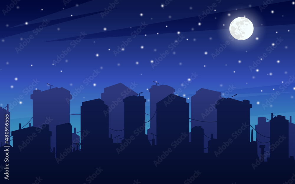 Cityscape at the night with moon and star.	