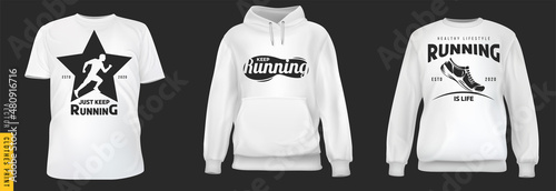 Sport running print. Set realistic t-shirt, sweatshirt, hoodie base cloth isolated on simple background. Mockup for branding man or woman fashion. Design casual template. 3d vector illustration.