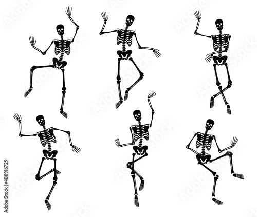 Set of dancing skeleton. Collection of silhouette skeletons in dance. Happy Halloween. Human anatomy. Vector illustration isolated on white background.