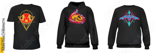 Skull animal print. Set realistic t-shirt, sweatshirt, hoodie base cloth isolated on simple background. Mockup for branding man or woman fashion. Design casual template. 3d vector illustration.