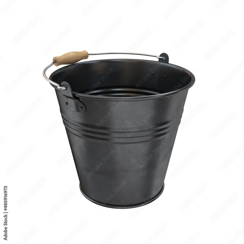 Black iron bucket with a lowered handle on a white background, 3d render Black iron bucket with a lowered handle on a white background, 3d render