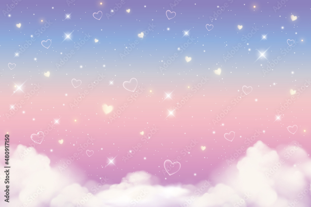 Holographic fantasy rainbow unicorn background with clouds, hearts and stars. Pastel color sky. Magical landscape, abstract fabulous pattern. Cute candy wallpaper. Vector Holographic fantasy rainbow unicorn background with clouds, hearts and stars. Pastel color sky. Magical landscape, abstract fabulous pattern. Cute candy wallpaper. Vector