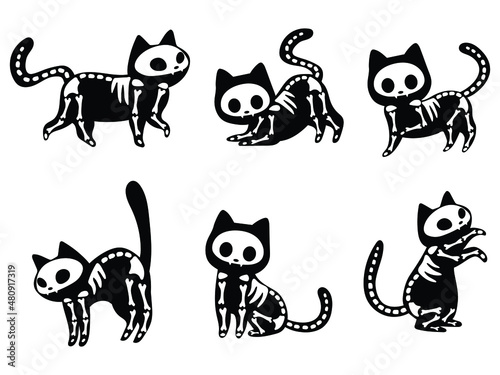 Obraz na płótnie Set of skeleton black cats