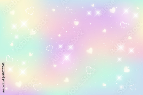 Rainbow fantasy background. Holographic illustration in pastel colors. Cute cartoon girly background. Bright multicolored sky with bokeh and hearts. Vector.