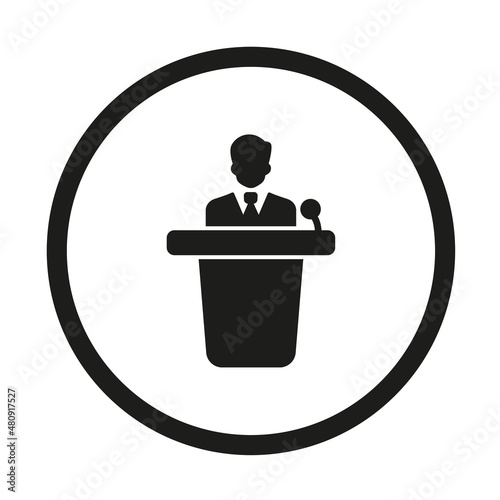 The speaker is on the podium. Performance. The conference. Lecture. Lecturer. Vector image.