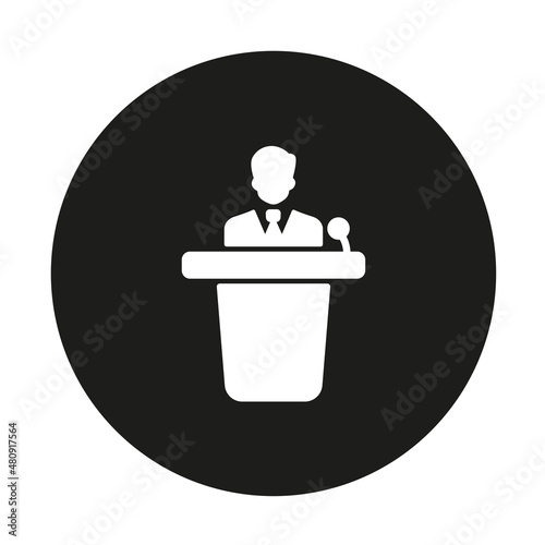 The speaker is on the podium. Performance. The conference. Lecture. Lecturer. Vector image.