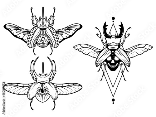 Set of stylized magic beetle. Collection of flying mythical insects scarab, stag beetle, etc. Celestial bugs with skull death. Vector illustration of flying beetles with mystic sign. Linear art.