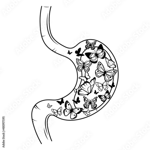 Illustration of a stomach with butterflies. Anatomy. Human organ. Insects. Love symbol.