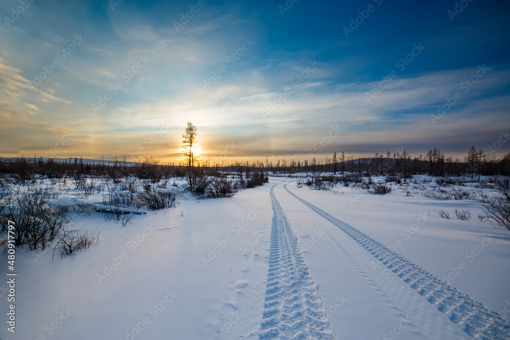 Landscape with winter sunset in South Yakutia, Russia