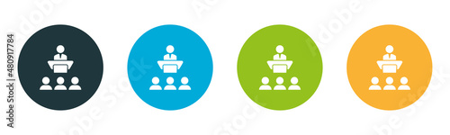 The speaker is on the podium. Performance. The conference. Lecture. Lecturer. Vector image.