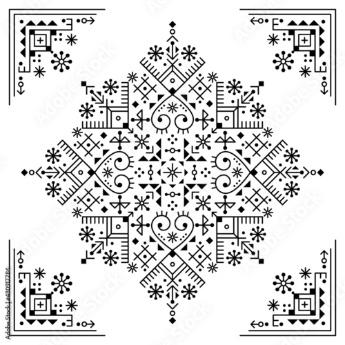 Tribal or neotribal line art vector mandala pattern with corners geometric ornamental design inspired by old Nordic Viking rune art
