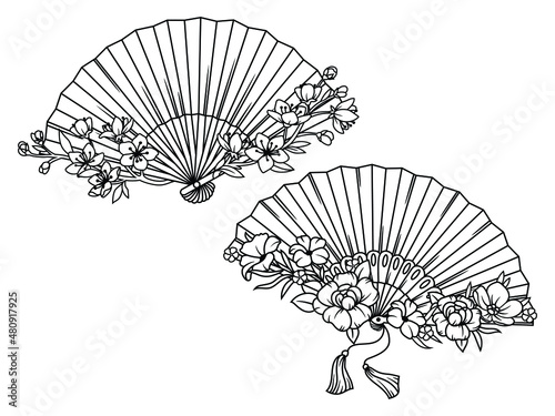 Set of folding hand fan. Collection of f Asian fan with flowers sakura. Floral hand woman fan. Girls accessory. Fashion. Vector illustration on white background.