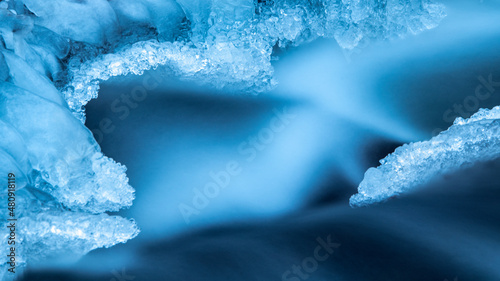 Close up of frozen river. Frozen water textures.