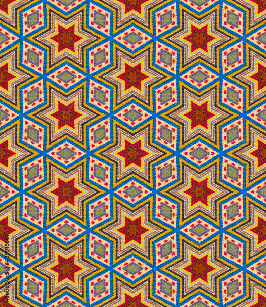 Carpet rug orange, blue, yellow, green and white seamless pattern decoration geometric background textiles retro fabric