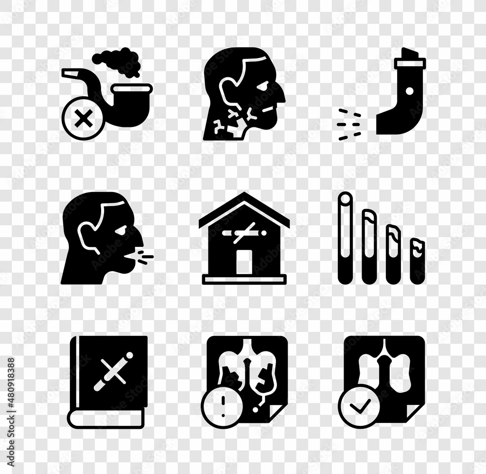 Set Smoking pipe with smoke, Throat cancer, Inhaler, Book stop cigarette, Disease lungs, Lungs x