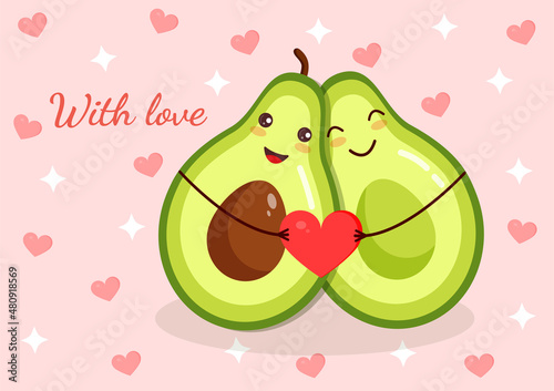Cute loving couple of halves of an avocado in an embrace holding a heart on a background of hearts and stars. Vector illustration of valentine's day for postcard, textile, decor. Greeting card.