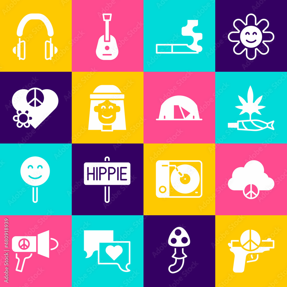 Set No war, Peace cloud, Marijuana joint, spliff, Cigarette, Hippie girl, Love peace, Headphones and Tourist tent icon. Vector Set No war, Peace cloud, Marijuana joint, spliff, Cigarette, Hippie girl, Love peace, Headphones and Tourist tent icon. Vector