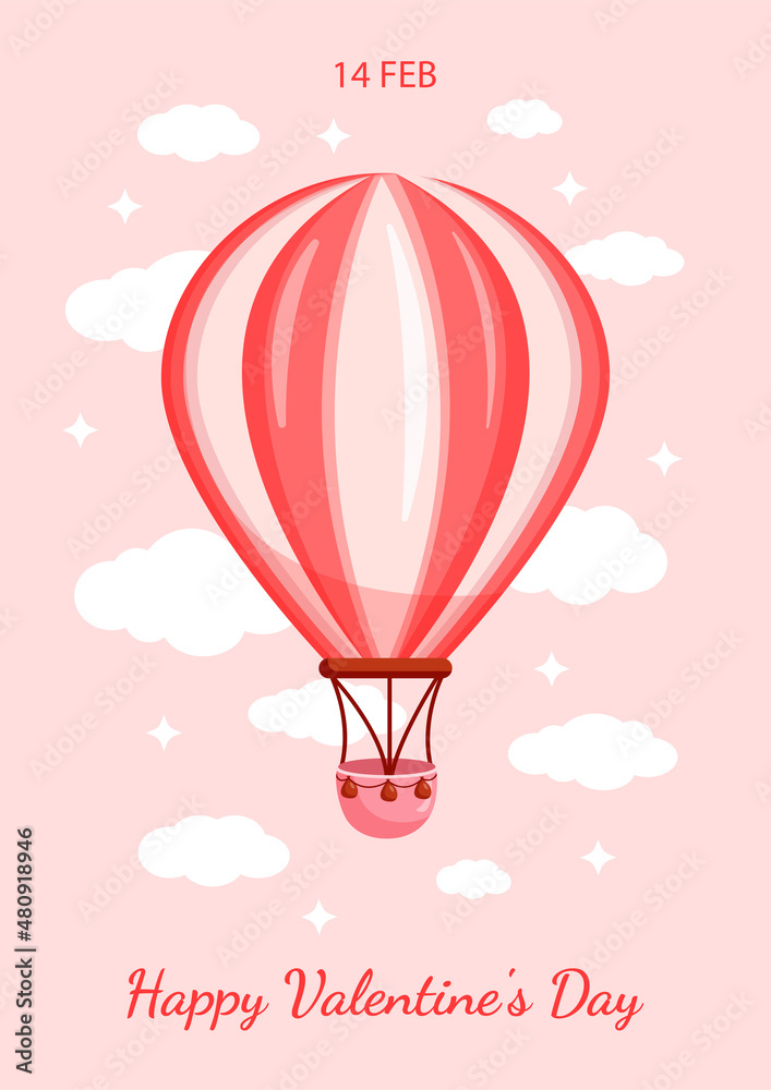 Vector illustration of pink hot air balloon on valentine's day clouds background for postcard, textile, decor, poster. Greeting card.