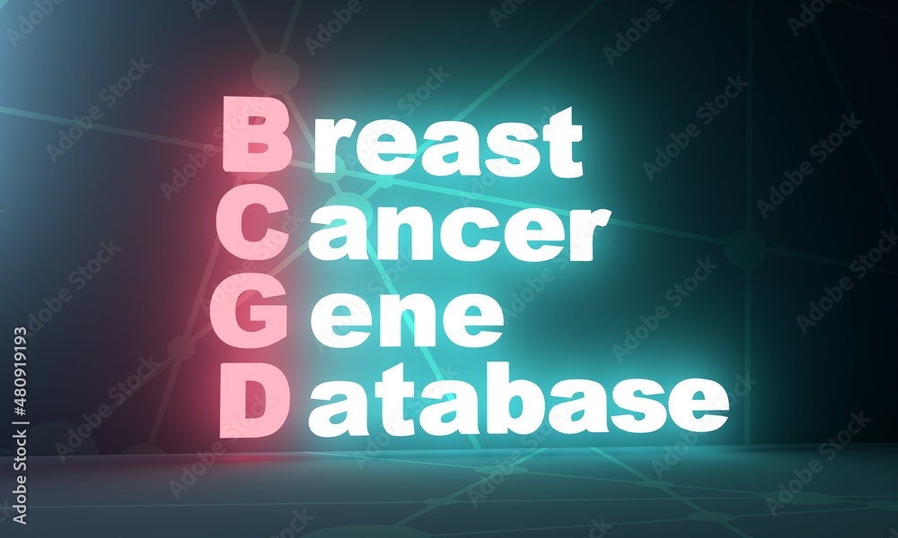 BCGD - Breast Cancer Gene Database acronym. Neon shine text. 3D Render