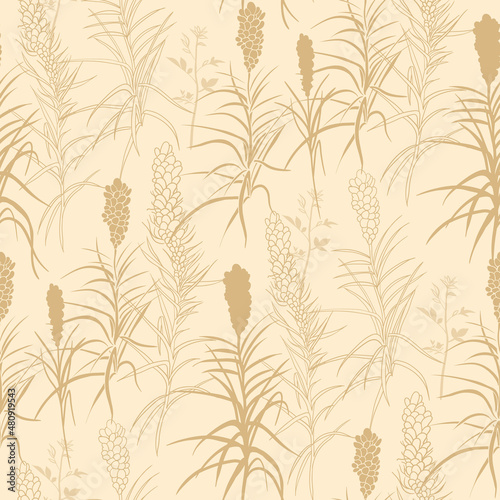 beige realistic pattern in natural beige shades with silhouettes and graphic drawn herbs in vector for textile and surface design