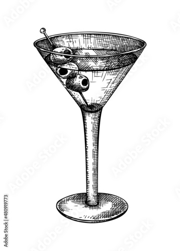 Hand-sketched martini glass with olives illustration. Vector sketch of the popular drink bowl isolated on white background. Alcoholic drawing of cone glass for bar or restaurant menu design.