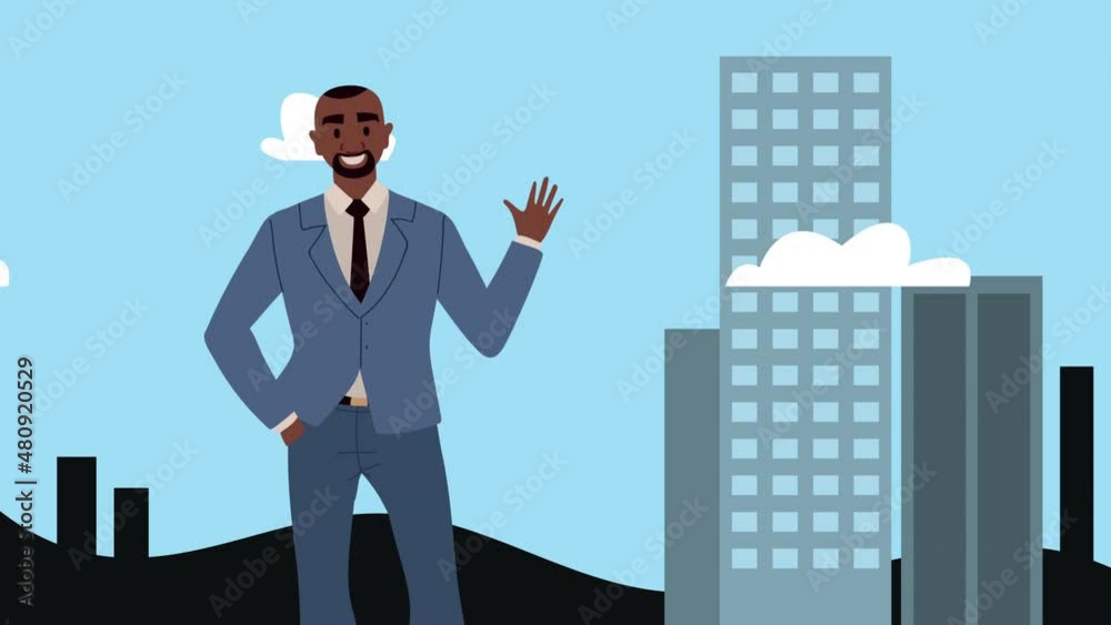 afro businessman with building animation