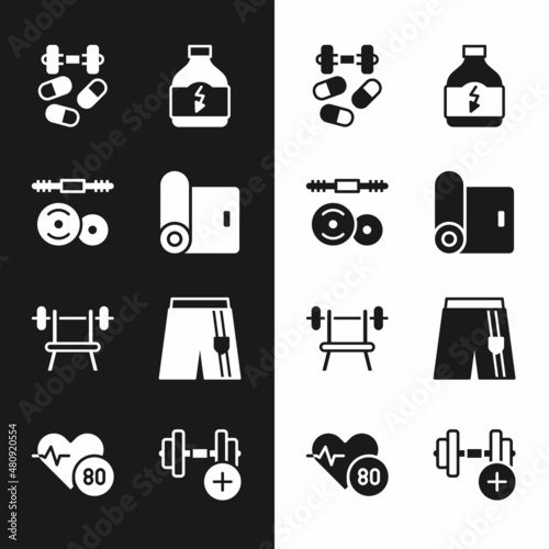 Set Fitness mat roll, Barbell, Sports doping with dumbbell, nutrition, Bench barbell, Short pants, Dumbbell and Heart rate icon. Vector