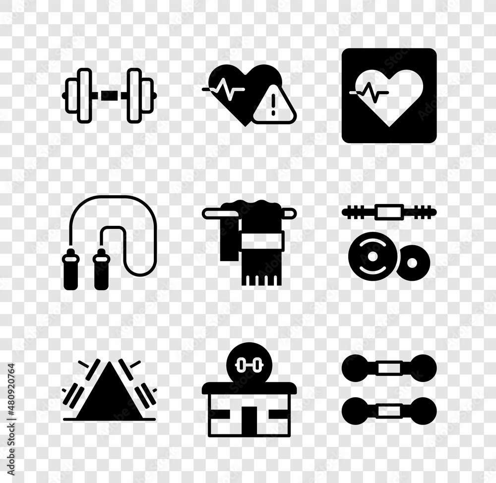 Set Dumbbell, Heart rate, Metal rack with weight, Gym building, Jump rope and Towel on hanger icon. Vector