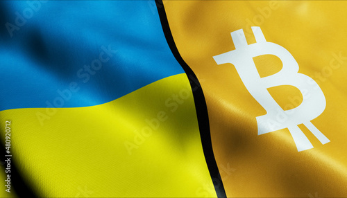 3D Waving Ukraine and Bitcoin Flag photo