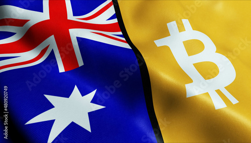3D Waving Australia and Bitcoin Flag photo