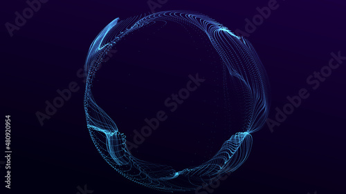 Futuristic twisted sphere made of lines and dots. Technological background. Data transmission network. 3D rendering.