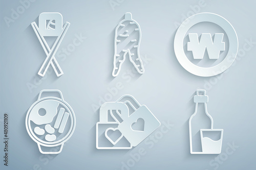 Set Lock with heart, South Korean won coin, Ramen, Soju bottle, Ginseng root and Sushi chopsticks icon. Vector