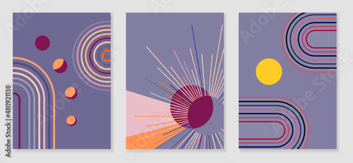 Set of abstract contemporary posters with sun moon and landscape in boho style. Mid century minimalist background for home decoration, wall decor or covers. Vector
