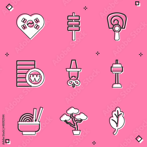 Set Love Korea with heart, Korean food tokpokki, hand fan, South won coin, hat, N Seoul tower, Asian noodles bowl and Bonsai tree icon. Vector